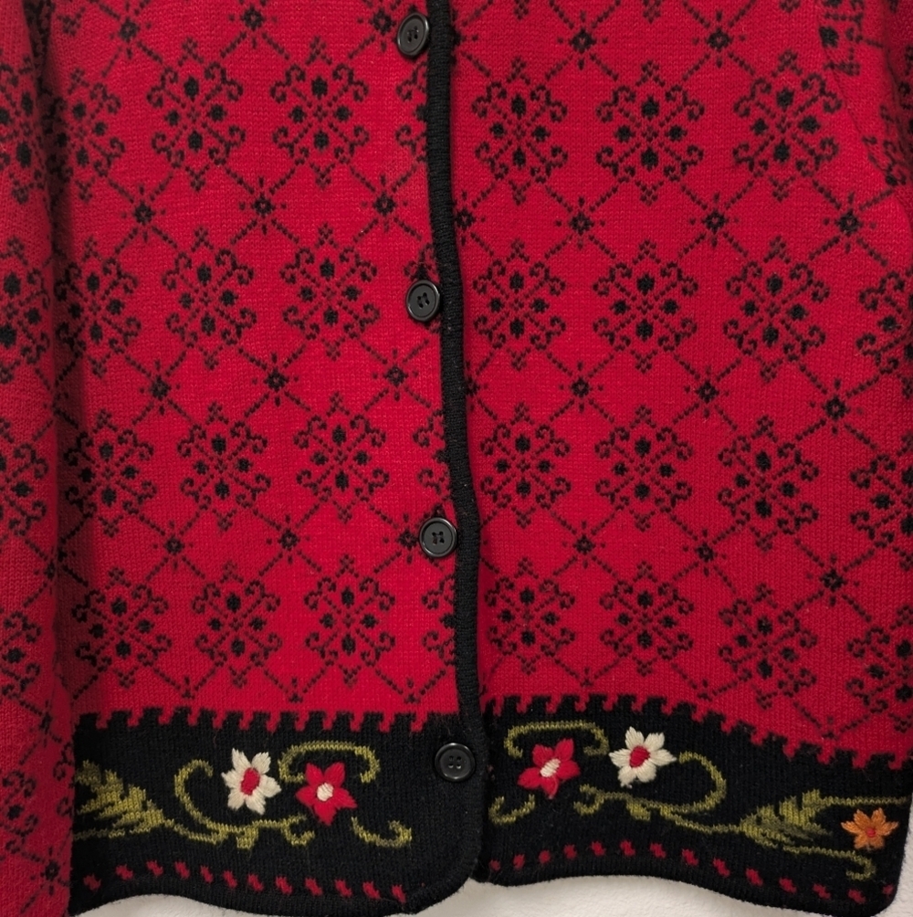 Y2K JM Collection Red & Black Knit Floral Sweater Cardigan sz L Holiday - Picture 6 of 10